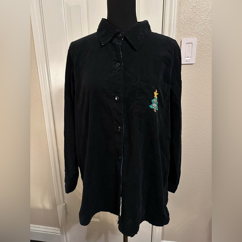 Quacker Factory Christmas Tree Lights Black Corduroy Button Up Shirt Women’s M